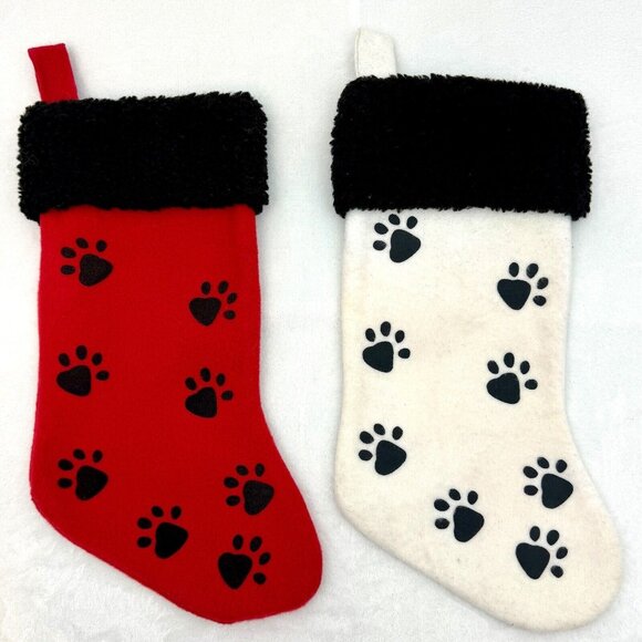 Pair of Pet Paw Christmas Stockings 16" High Red & White with Black Accents - Picture 1 of 3